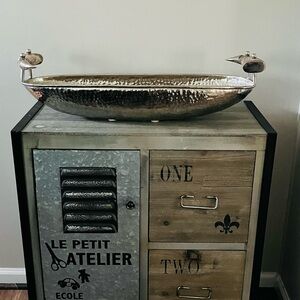 Unique Vintage MCM Rams Horn- Style Handles Hammered Nickel Bowl.